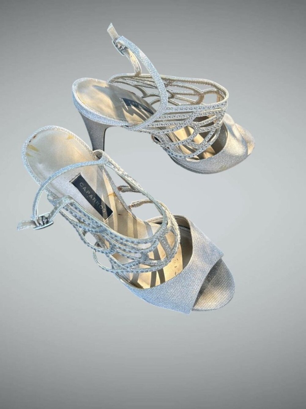 Caparros Gold Silver Glitter Stiletto Heels Strappy Rhinestone Design Size 7.5